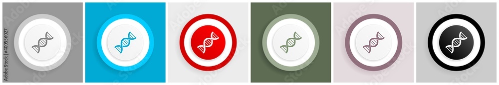 Poster dna, genetic molecule icon set, colorful flat design vector illustrations in 6 options for web desig