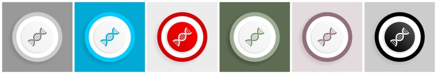 Dna, genetic molecule icon set, colorful flat design vector illustrations in 6 options for web design and mobile applications