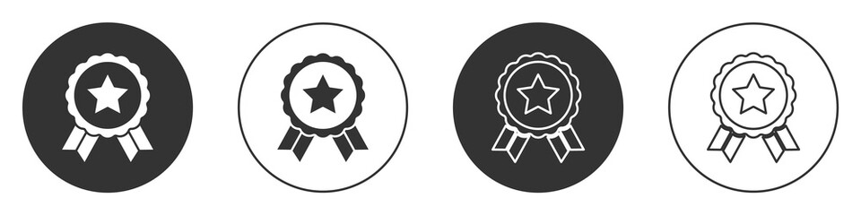 Black Medal with star icon isolated on white background. Winner achievement sign. Award medal. Circle button. Vector.