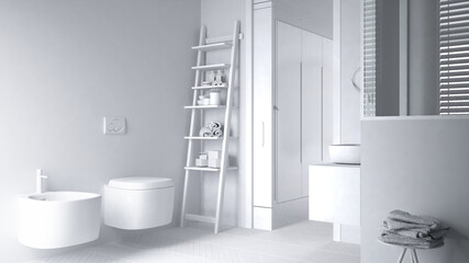Fototapeta premium Total white project, minimalist bathroom with ladder shelf, bath accessories, sliding door over bedroom, side table with towels, herringbone parquet floor, interior design concept