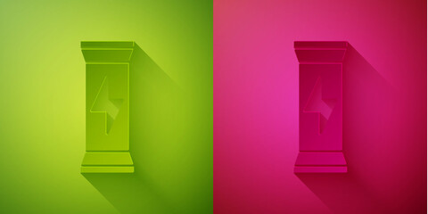 Paper cut Sports nutrition bodybuilding proteine power drink and food icon isolated on green and pink background. Paper art style. Vector.