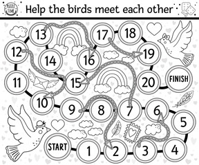 Saint Valentine day black and white board game for children with cute doves. Educational outline holiday boardgame with bird, heart. Romantic activity or coloring page with love theme. .