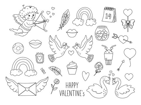 Vector set of outline Saint Valentine’s day symbols. Collection of cute black and white characters and objects with love concept. Cupid, doves, hearts and swans isolated on white background. .