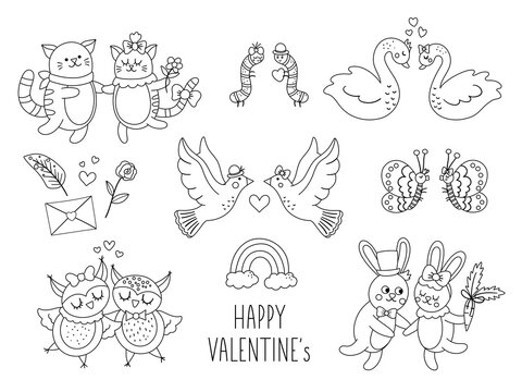 Vector collection of cute black and white animal pairs. Loving couples illustration. Love relationship or family outline concepts set. Hugging swans, cats, rabbits, owls. Valentine’s day characters.