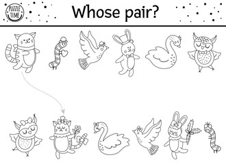 Saint Valentine day black and white matching activity for children. Fun puzzle or coloring page with cute animal couples. Holiday celebration game, printable worksheet for kids with love theme. .