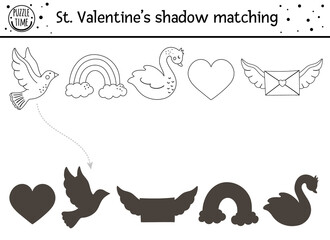 Saint valentine day black and white shadow matching activity for children. Fun outline puzzle with cute holiday symbols. Educational outline game with love theme. Find correct silhouette worksheet. .
