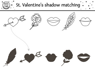 Saint valentine day black and white shadow matching activity for children. Fun outline puzzle with cute holiday symbols. Educational game for kids with love theme. Find correct silhouette worksheet. .