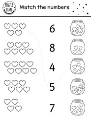 Saint Valentine day black and white matching game with hearts in jar. Holiday math activity for preschool children. Outline love themed printable counting worksheet for kids.