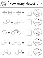 Saint Valentine day black and white counting game with kisses and cupid. Holiday activity for preschool children with love theme. Educational printable math worksheet. Addition outline puzzle.