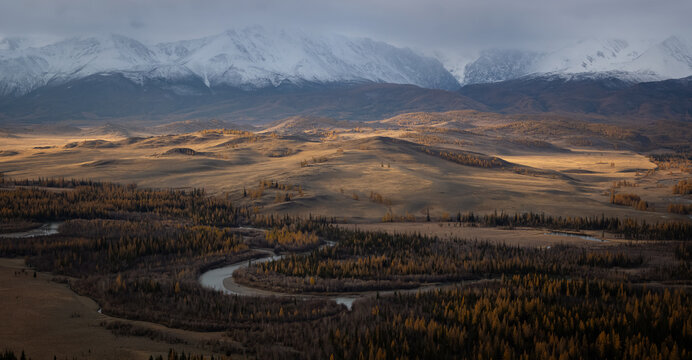 chui ridge in autumn, kurai steppe with the chuya river, russia, altai in september