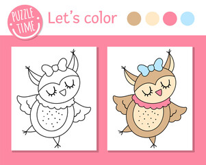 Saint Valentine Day coloring page for children. Funny owl. Vector holiday outline illustration with cute woodland bird. Color book with adorable animal for kids with colored example.