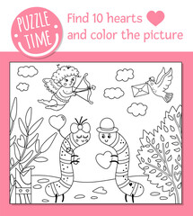 Saint Valentine Day coloring page for children. Funny scene with caterpillars in the garden, cupid. Vector holiday outline illustration with cute insects. Color book with colored example.