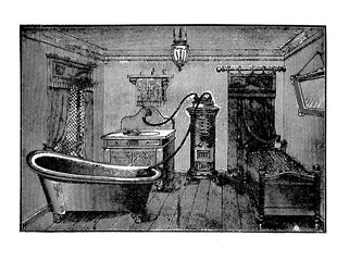 Preparing a bath at home by filling up the tub with hot water with the aid of a rubber hose from the stove heather, 19th century engraving