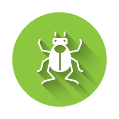 White Beetle bug icon isolated with long shadow. Green circle button. Vector.