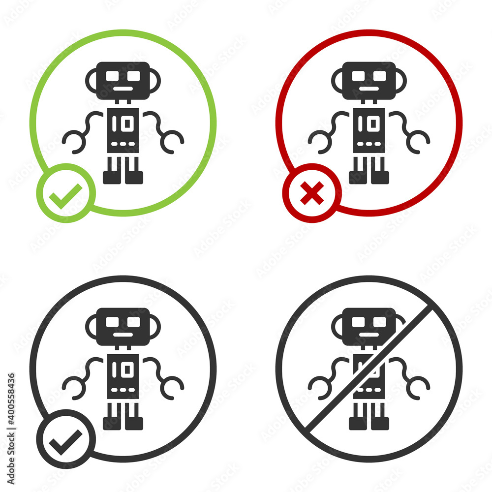 Poster black robot toy icon isolated on white background. circle button. vector.