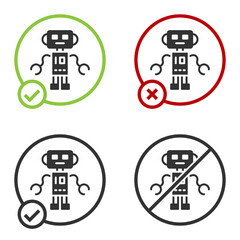 Black Robot toy icon isolated on white background. Circle button. Vector.