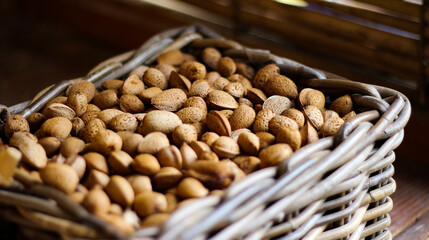 Raw unpeeled almonds in a basket