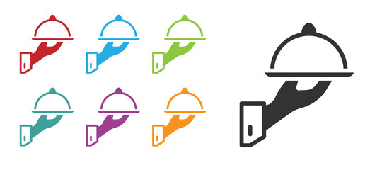 Black Covered with a tray of food icon isolated on white background. Tray and lid sign. Restaurant cloche with lid. Set icons colorful. Vector.