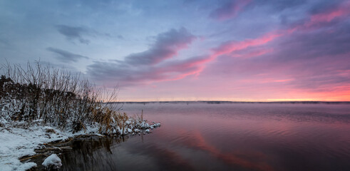 Winter. water, lake, snow, ice, frost, pond, reed, bank, river, dawn, sunset, sun, morning, wave, sky, clouds, red, cold, ural, russia, clouds, cloud cover, fog, bush, horizon, reflection, november, d