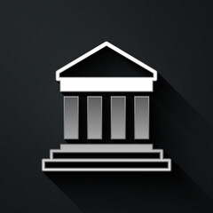 Silver Parthenon from Athens, Acropolis, Greece icon isolated on black background. Greek ancient national landmark. Long shadow style. Vector.