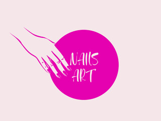 Nails art salon vector logo.Illustration of woman hand with elegant, beautiful manicure.Cosmetics, beauty, spa and style icon isolated on light background.Pink nail polish.Circular panel shape.