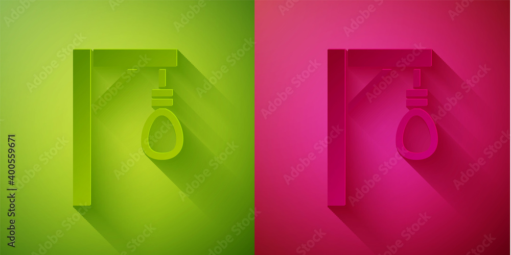 Sticker paper cut gallows rope loop hanging icon isolated on green and pink background. rope tied into noose