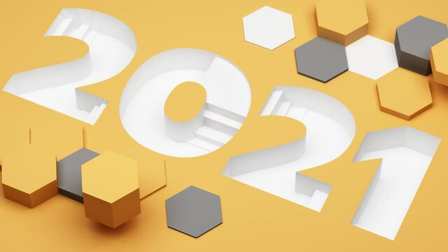 The 2021 ladder-down font in trendy yellow and gray stripes is surrounded by geometric objects 3d rendering