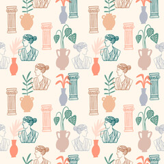 Seamless pattern with Greek Roman Goddess sculpture, ancient ionic order column and vases. Vector background