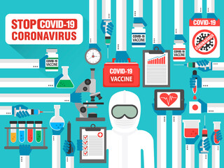 Vaccine development for Covid-19 pandemic, doing testing and research in a laboratory. Concept flat design. Vector illustration