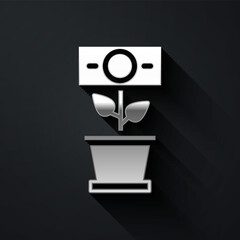 Silver Money plant in the pot icon isolated on black background. Business investment growth concept. Money savings and investment. Long shadow style. Vector.