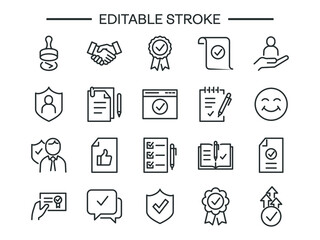 Approve editable stroke icons set Checklist, Award medal document Accepted Confirm mail Guarantee Check mark list Correct agreement accredited authorized Customs Seal stamp approved like paperwork