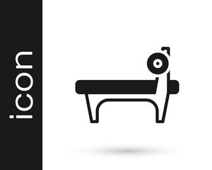 Black Bench with barbel icon isolated on white background. Gym equipment. Bodybuilding, powerlifting, fitness concept. Vector.