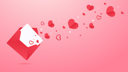 A love letter opened and a red heart flew out of the letter. Leave space for adding text.
