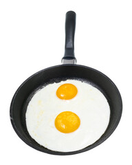 front view of two fried eggs in black frying pan isolated on white background
