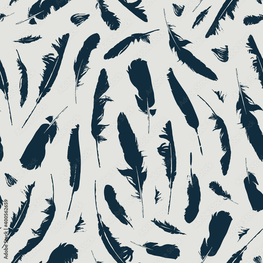 Poster seamless pattern with black feathers on a beige backdrop. vector repeating background with bird plum