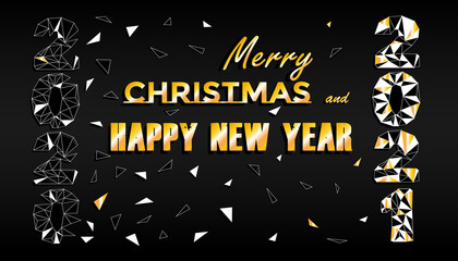Festive New Year card with white polygonal numbers 2021 on a black horizontal background and shards. 