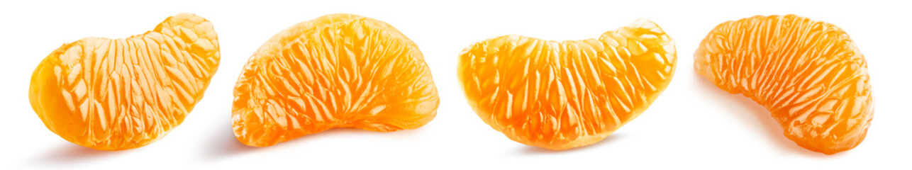 Set of four peeled tangerine slices without membrane on white background with clipping path