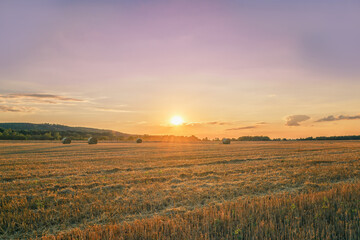 A summer hay field after harvest and large bales of hay on a warm summer evening and sunset