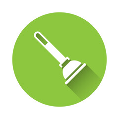 White Rubber plunger with wooden handle for pipe cleaning icon isolated with long shadow. Toilet plunger. Green circle button. Vector.