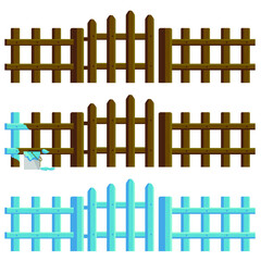 Vector set of three wooden fences. Not painted, which has just started to be painted, but completely painted in blue. cartoon image style