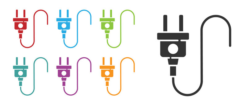 Black Electric plug icon isolated on white background. Concept of connection and disconnection of the electricity. Set icons colorful. Vector.