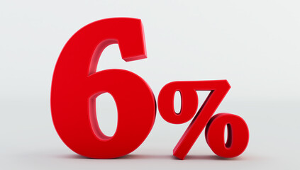 red Six ( 6 ) percent isolated  on a white background., 6 percent off, 3D render