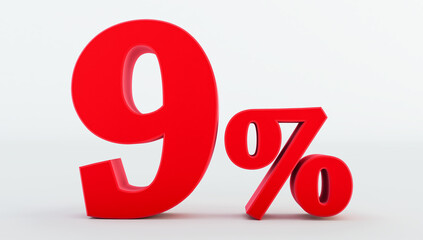 red nine ( 9 ) percent isolated  on a white background., 9 percent off, 3D render