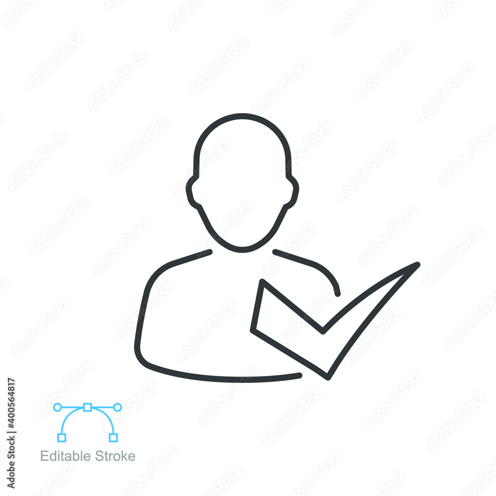 Poster checking attendance line icon. valid checkmark verification person accepted man, account verified us