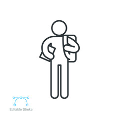 Freshman student with backpack line icon. High school pupil, rucksack. schoolchildren logo College newcomer International student editable stroke vector illustration design on white background EPS 10