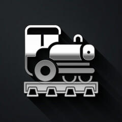 Silver Vintage locomotive icon isolated on black background. Steam locomotive. Long shadow style. Vector.