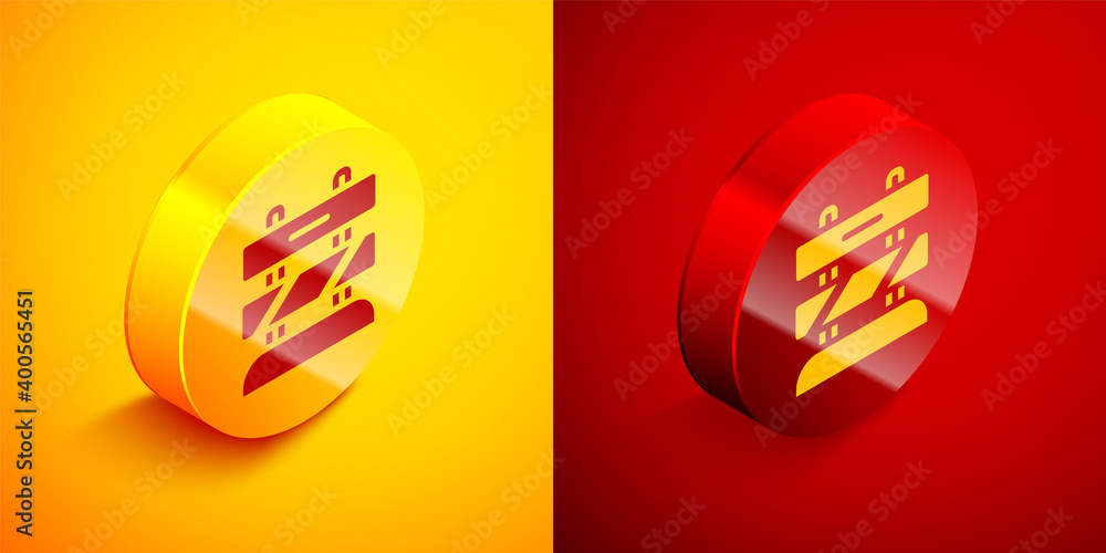 Poster isometric end of railway tracks icon isolated on orange and red background. stop sign. railroad buff