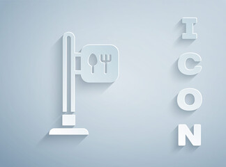 Paper cut Cafe and restaurant location icon isolated on grey background. Fork and spoon eatery sign inside pinpoint. Paper art style. Vector..