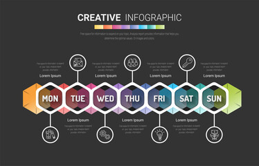 Timeline business for 7 day, 7 options, Timeline infographics design vector and Presentation business can be used for Business concept with 7steps or processes. 