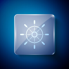 White Ship steering wheel icon isolated on blue background. Square glass panels. Vector.